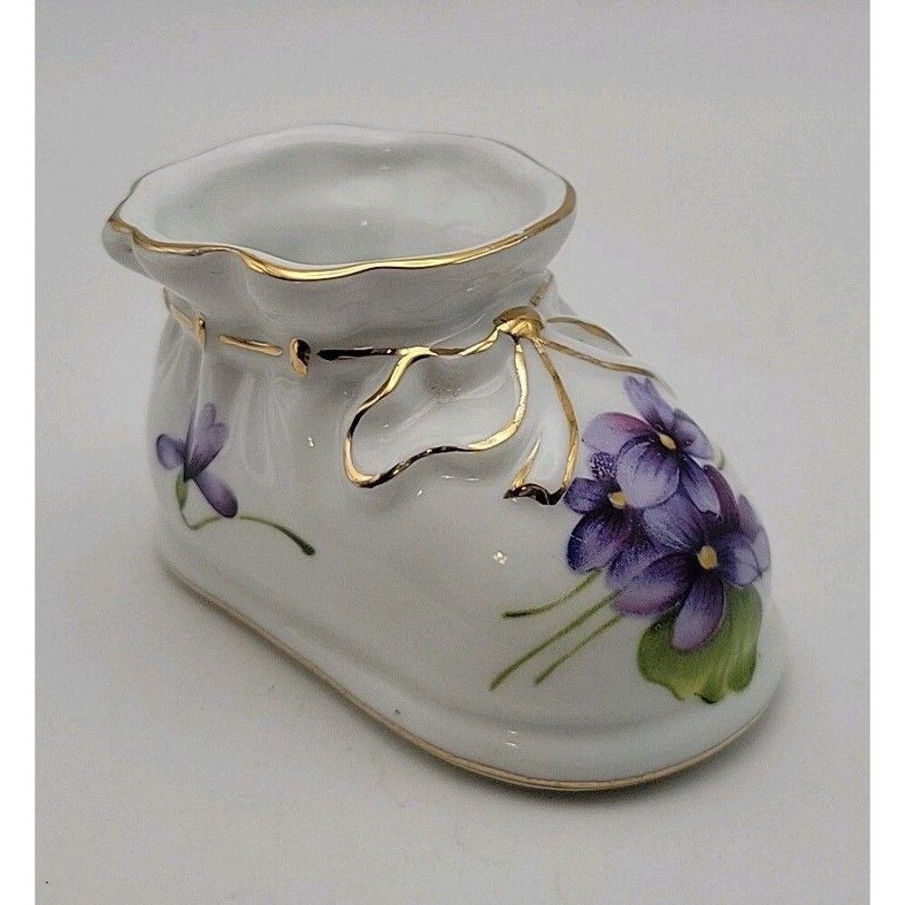 Handpainted Porcelain Baby Shoe Vtg ~ Violets ~ Gold Trim 3½” x 2” x 1¾” ~ CUTE